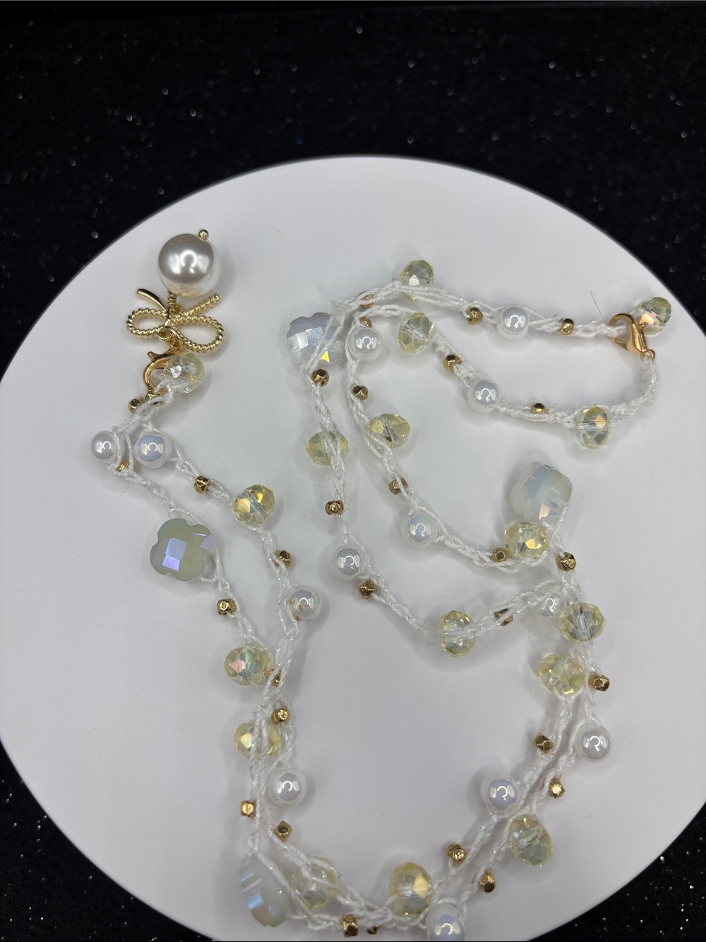 Gold Bow Pearl Pendant Necklace - White Beaded Women's Jewelry - Picture 6 of 6